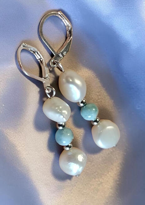 OP0012 ...20 € Silber Ohrringe mit Dominikanischem Larimar und Süßwasser Barockperlen